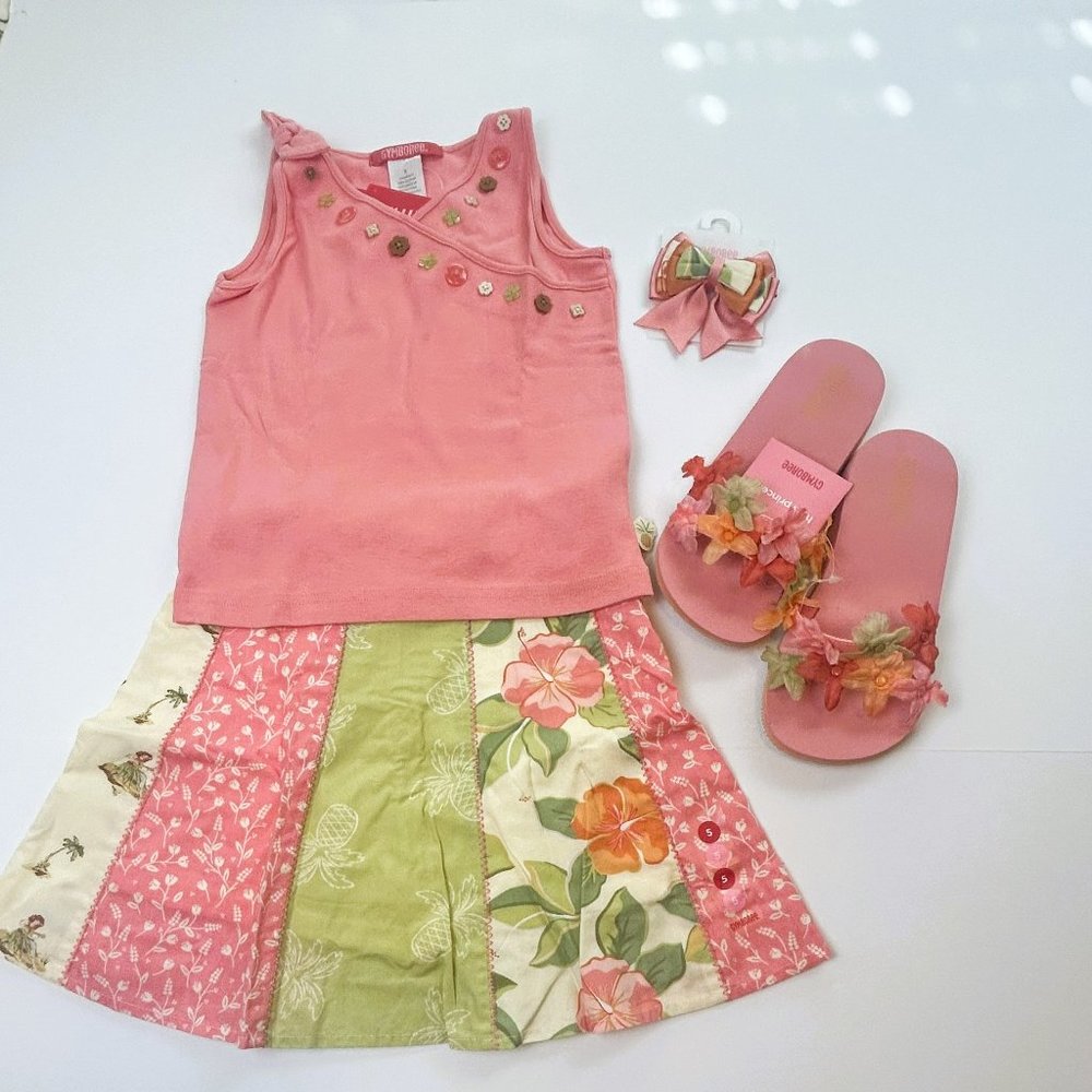 NWT Gymboree Girl Pieced Skort, Button Tank, Hair Clip & Flip-Flop 4 Pc Set 5
